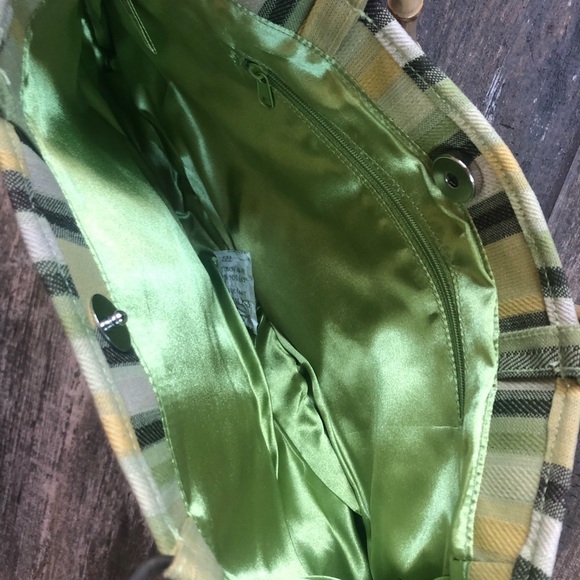 VINTAGE snap close green yellow bamboo handle satchel bag purse - Picture 3 of 5